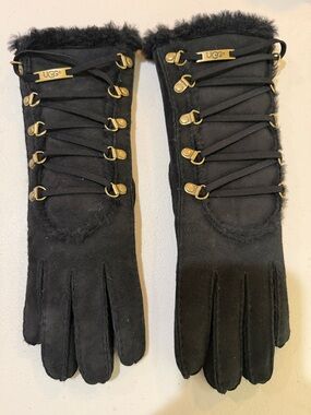 UGG Black Suede Lace-Up Shearling-Trim Women's Gloves size small